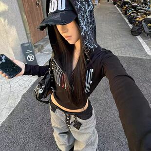 辣妹亚文化视觉系运动上衣y2k 拳击长袖 黑色修身 连帽卫衣女秋冬季