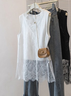 实拍大码女装新款韩版刺法式高级感刺绣蕾丝衫短袖宽松洋无袖上衣