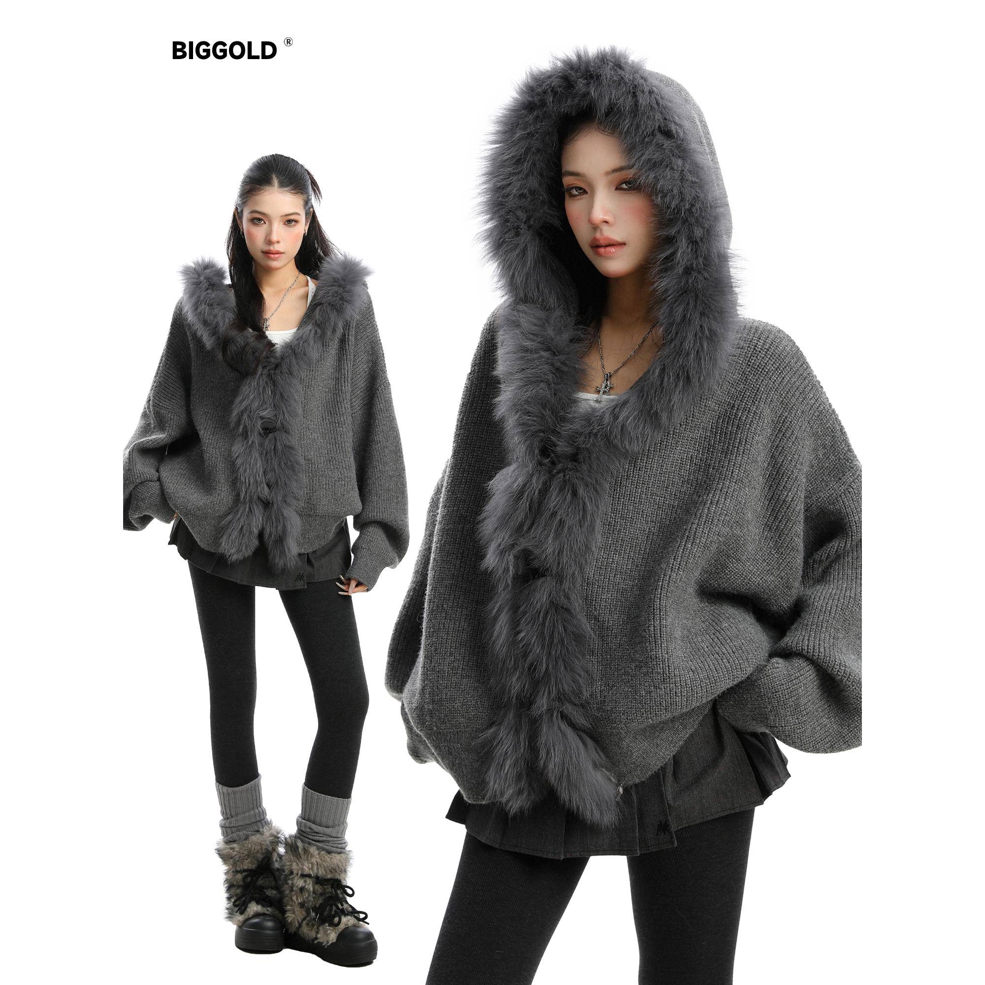 BIGGOLD美式设计感大毛领连帽毛衣女秋冬慵懒感保暖针织开衫上衣