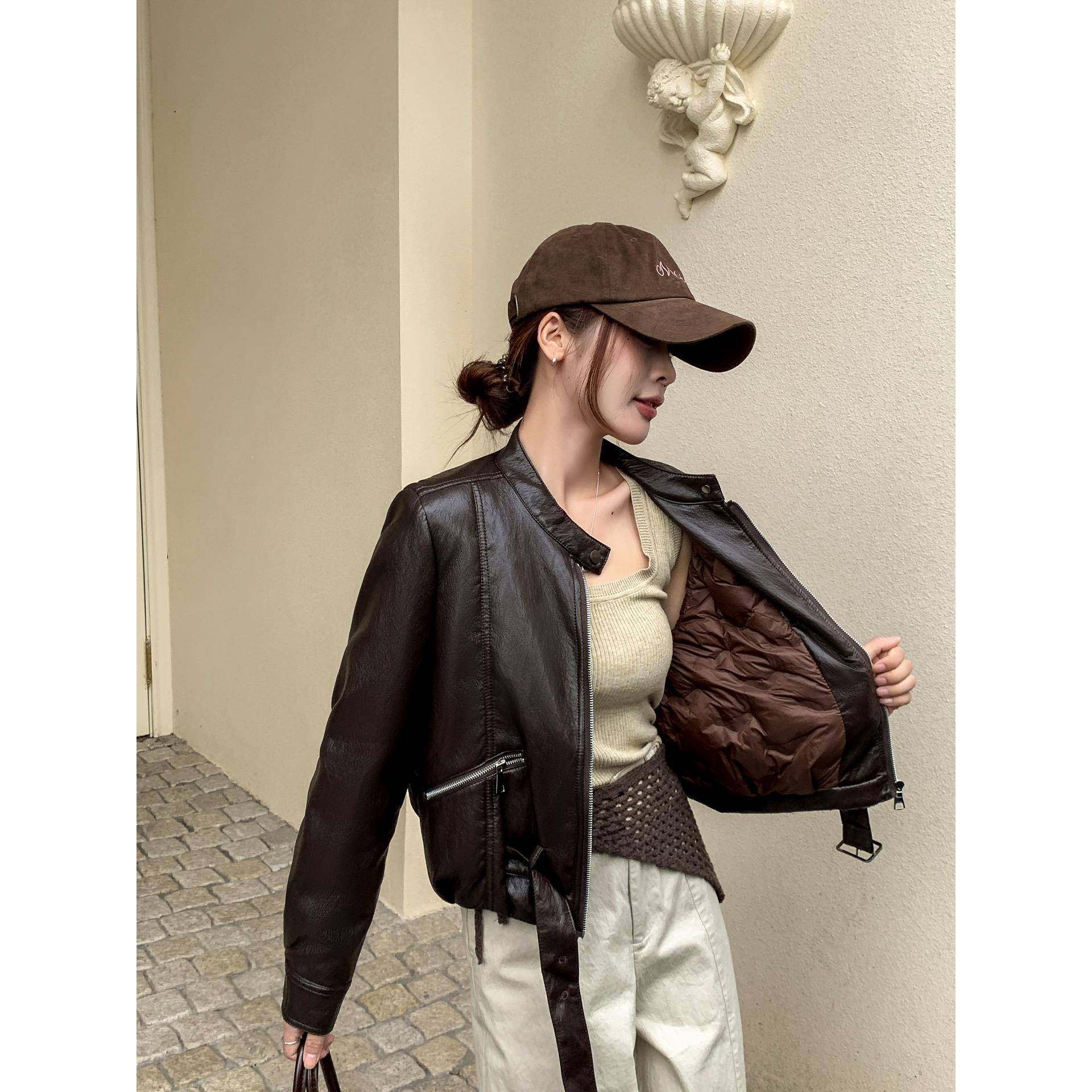 高级感短款羽绒服皮衣外套女冬季新款保暖酷飒小个子机车PU皮夹克