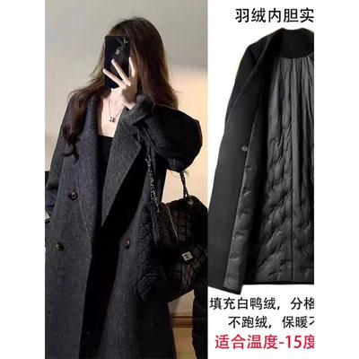 羽绒内胆毛呢外套女2025秋冬新款高级感加厚显瘦中长款呢子大衣潮