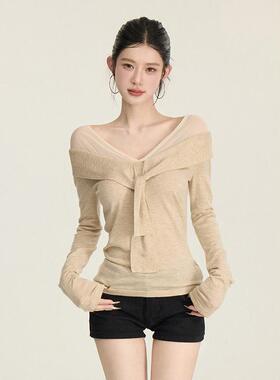 cchun纯子 一字领网纱拼接扭结针织衫女气质小众修身百搭上衣