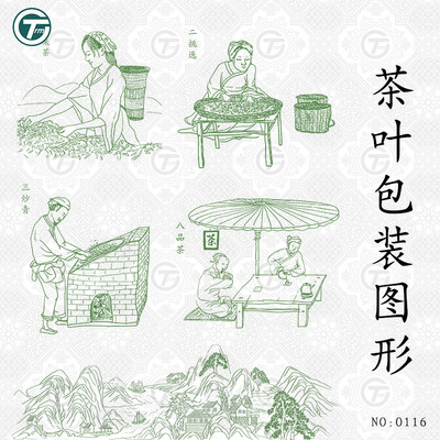 传统制茶工艺流程插画线稿手工茶叶文化包装设计辅助Ai 矢量素材