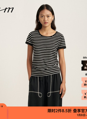 【新品】素然WHM 夏季女士舒适横条纹针织布黑色条纹合体T恤