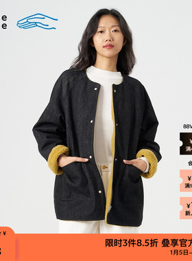 素然klee klee 秋季休闲气质经典羊羔毛拼接环保棉黑色牛仔外套