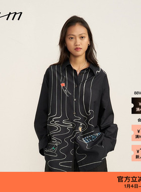 【新品】素然WHM 夏季女士复古设计感气质印花丝棉宽松衬衫