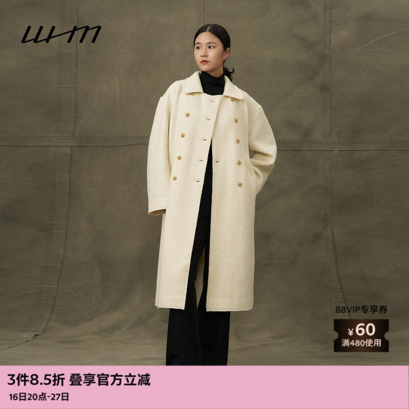 WHM纹理针织呢双排扣翻领大衣