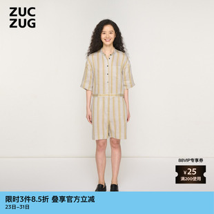连体短裤 ZUCZUG夏季 女士素然休闲宽松莱赛尔麻复古条纹休闲五分袖