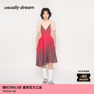 素然usually dream夏季女士气质休闲压褶拼接蕾丝波点印花连衣裙