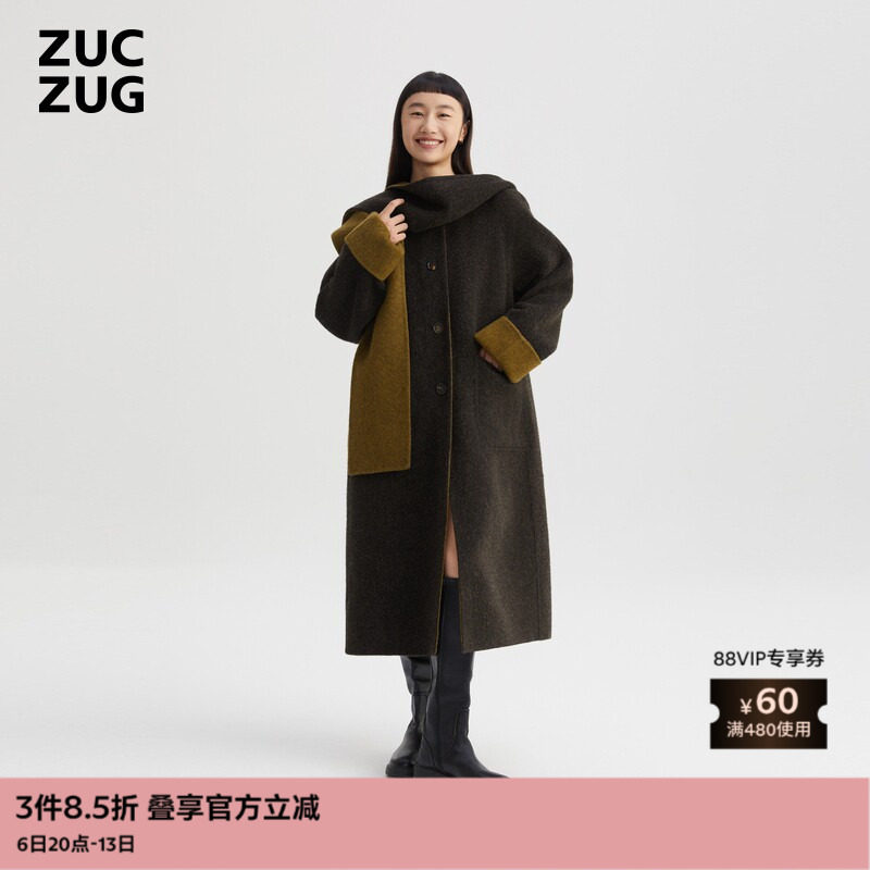 ZUCZUG 素然秋冬女士安可拉红羊毛双面呢带帽长大衣