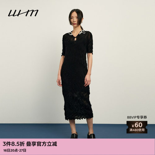 WHM复古起皱图案针织连衣裙
