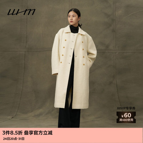 WHM纹理针织呢双排扣翻领大衣