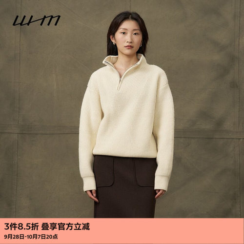 WHM轻盈粗针拉链慵懒套头针织衫