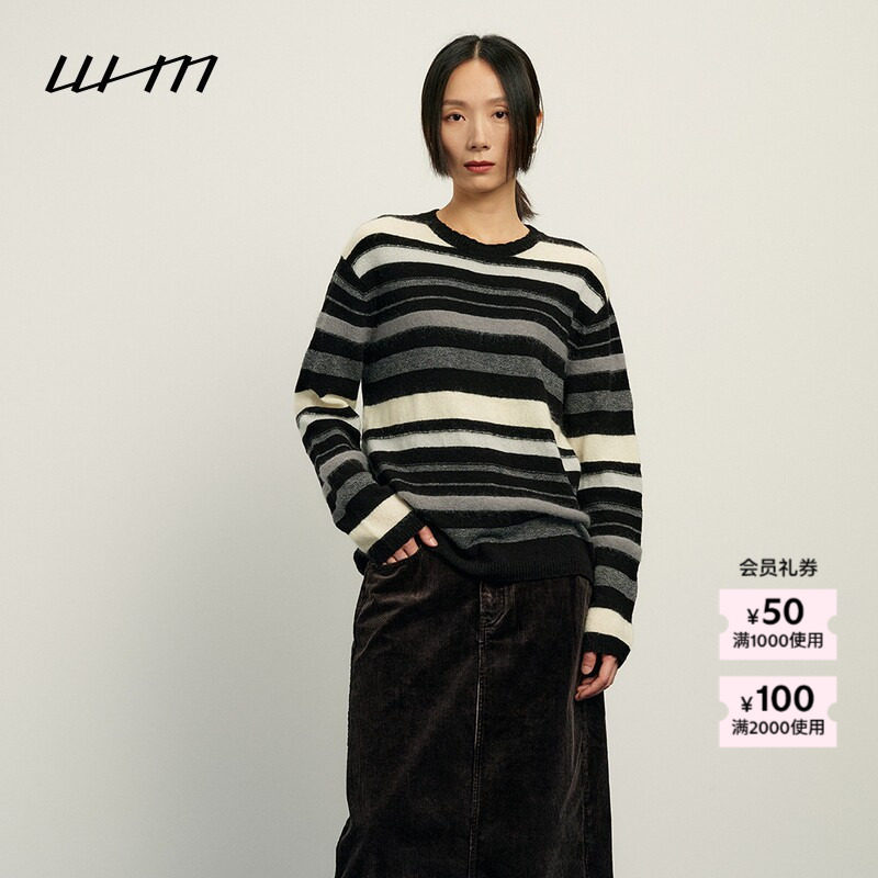 素然WHM 秋季女士黑色横条纹毛圈针织圆领套头针织衫