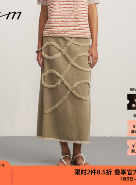 【新品】素然WHM 春季女士复古舒适匹染牛仔水洗毛边半裙