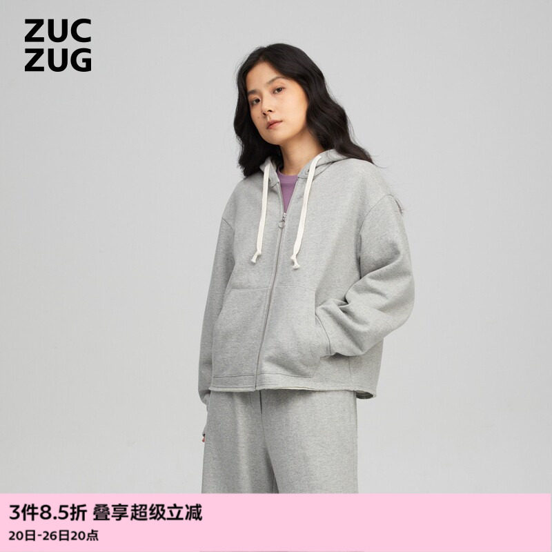 ZUCZUG 素然冬季女士抓绒羊毛毛圈布带帽拉链灰色卫衣