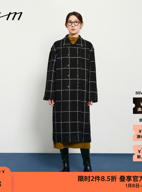 素然WHM 秋季女士复古气质慵懒羊毛柔软纹理针织呢双排扣长大衣