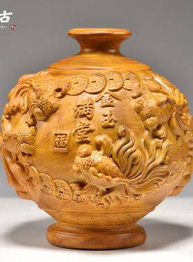 香樟木雕金玉满堂花瓶摆件年年有鱼客厅插花装饰家居实木质工艺品
