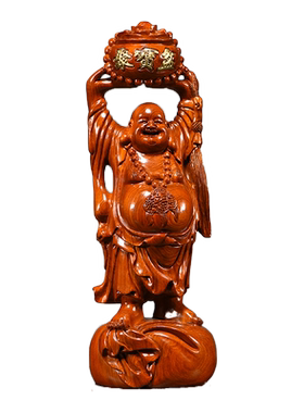 花梨木雕刻弥勒佛摆件聚宝盆客厅