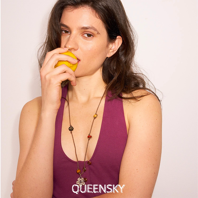 扶桑花木珠编织长款项链手工编绳