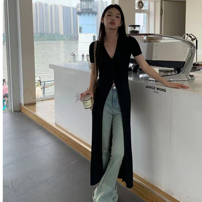 2025春夏显瘦连衣裙深V针织开衫短袖气质时尚修身高级感长款黑色