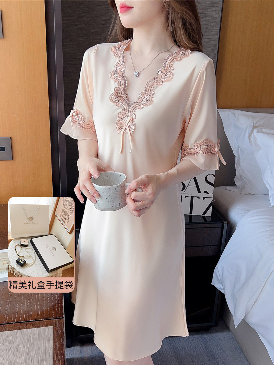 睡衣女夏季丝绸薄款冰丝短袖蕾丝精美礼盒宽松大码夏天睡裙家居服