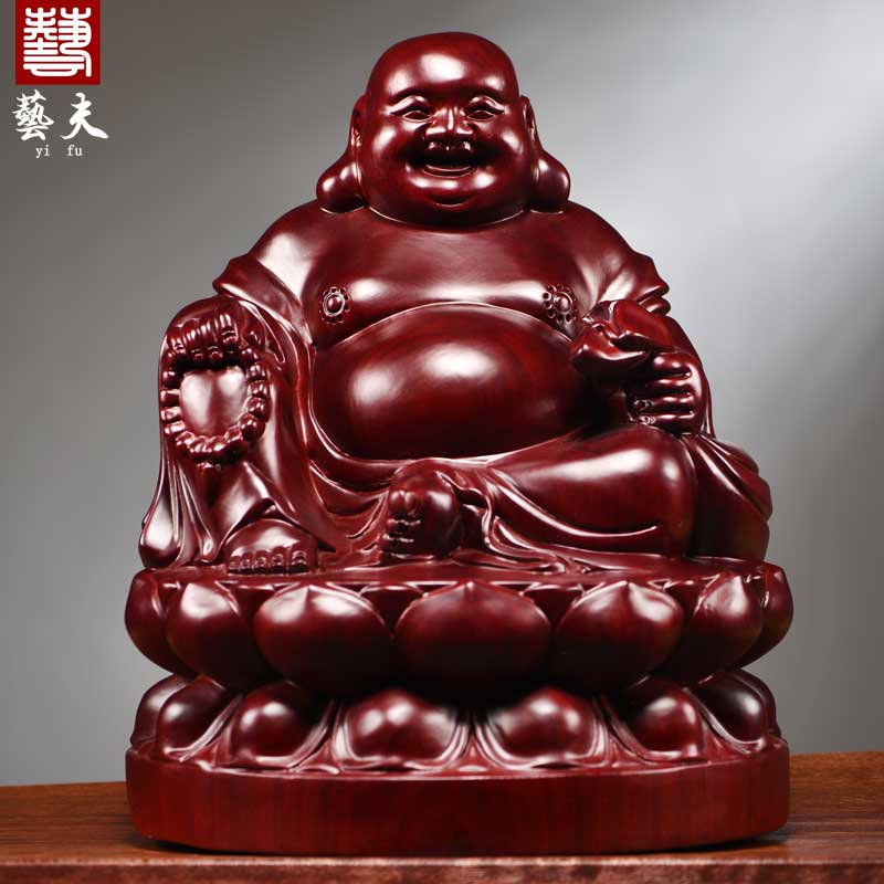 红花梨木雕弥勒佛像摆件实木中式坐莲花笑佛家居客厅玄关办公装饰