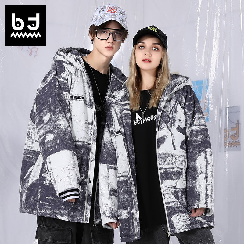 bt潮牌连帽外套男冬季保暖加厚原创设计抽象印花个性棉衣男中长款