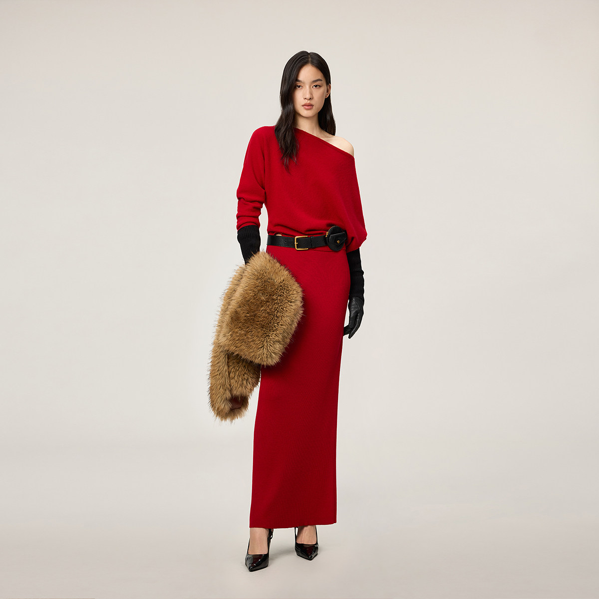 【Woolmark认证】OCHIRLY欧时力纯羊毛一字斜肩毛衣2025冬季新品*