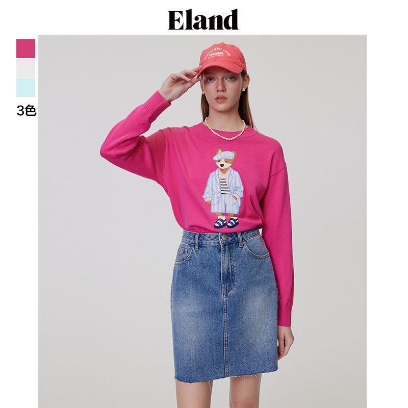 Eland针织衫女圆领套头宽松学院风休闲上衣女EEKWD48T1I