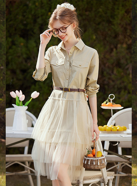 白鹿语网纱拼接衬衫裙2025夏款工装风收腰显瘦中长连衣裙WBY20127