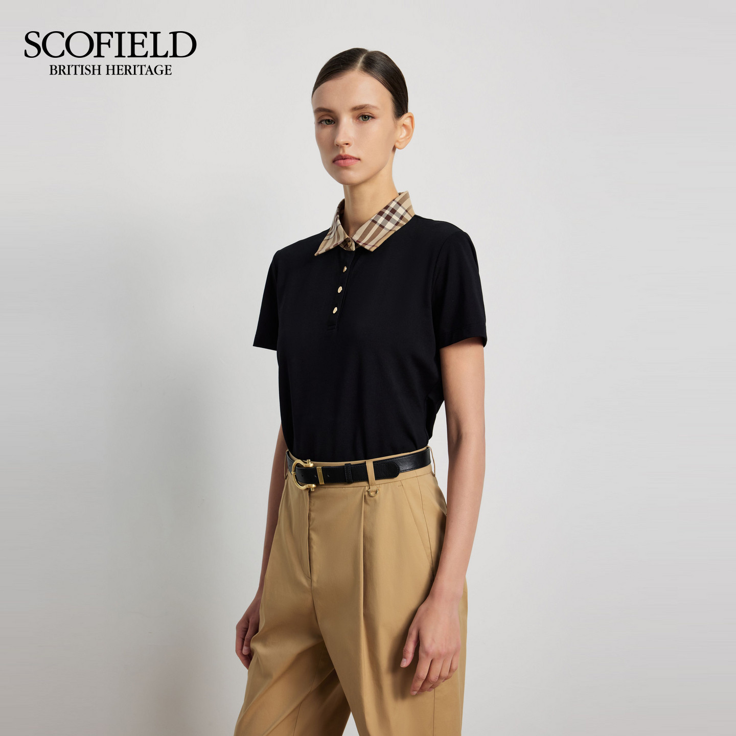 Scofield女装英伦利落格纹领拼接Polo衫