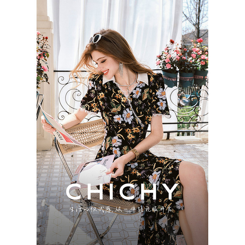 【慵懒度假风】CHICHY法式黑色碎花修身显瘦连衣裙CC8C015262