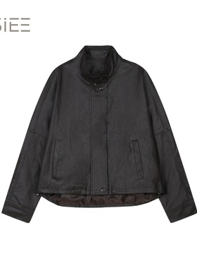 BSiEE本涩2025年秋新款松弛感带斜挎包立领皮革短外套F1598C01