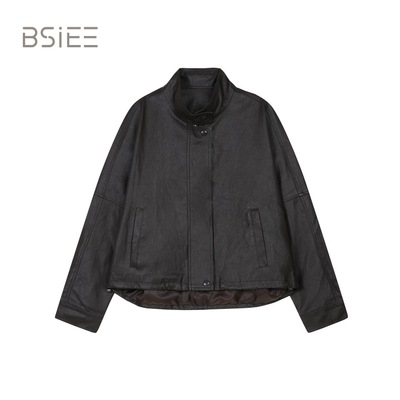 BSiEE本涩2025年秋新款松弛感带斜挎包立领皮革短外套F1598C01