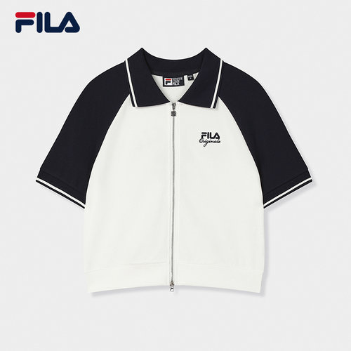 FILA 斐乐官方女士针织短袖外套2025秋新款撞色上衣F11W539503F