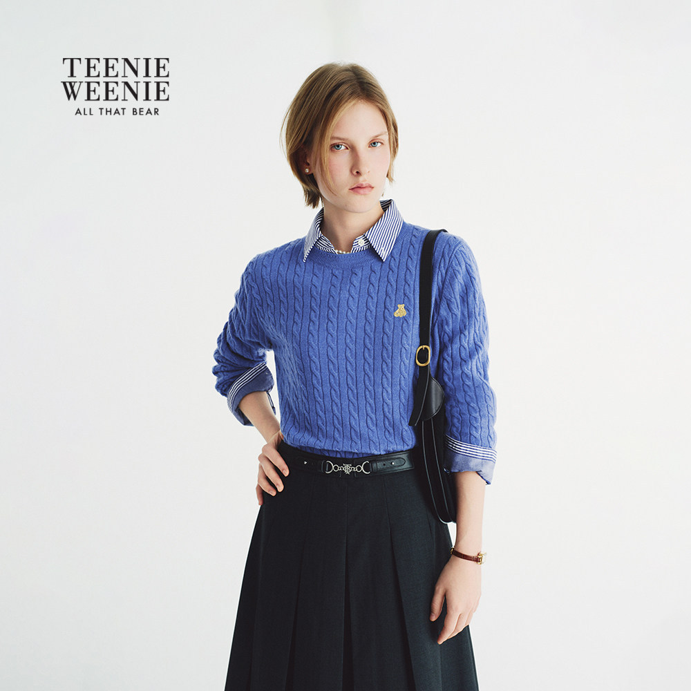 TeenieWeenie小熊女装毛针织衫2026秋季新款柔软立体绞花圆领毛衣