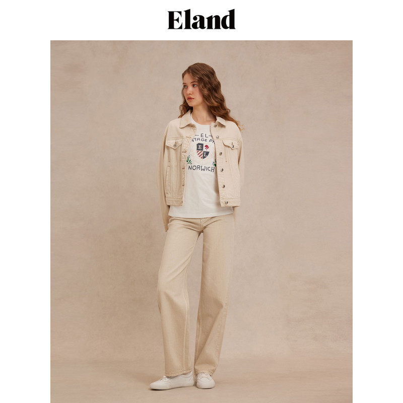 Eland短外套女复古翻领腰部侧插袋设计牛仔外套2025春季