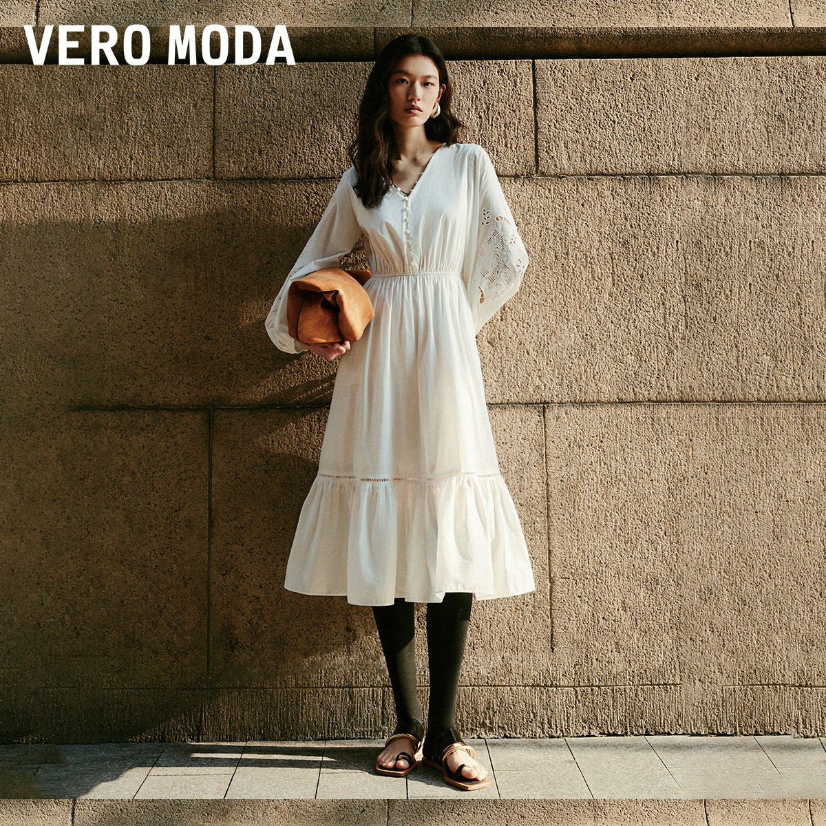Vero Moda连衣裙女夏季含棉收腰宽松灯笼袖32527D002