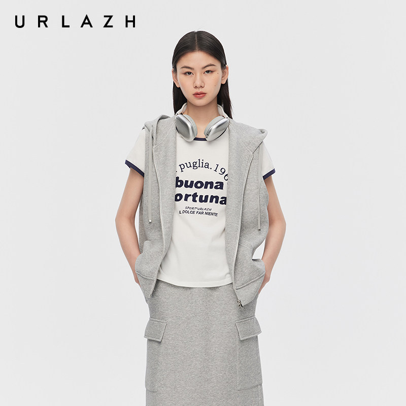URLAZH有兰简约随性灰色休闲运动学院风连帽无袖马甲外套LO1VE021