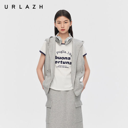 URLAZH有兰简约随性灰色休闲运动学院风连帽无袖马甲外套LO1VE021