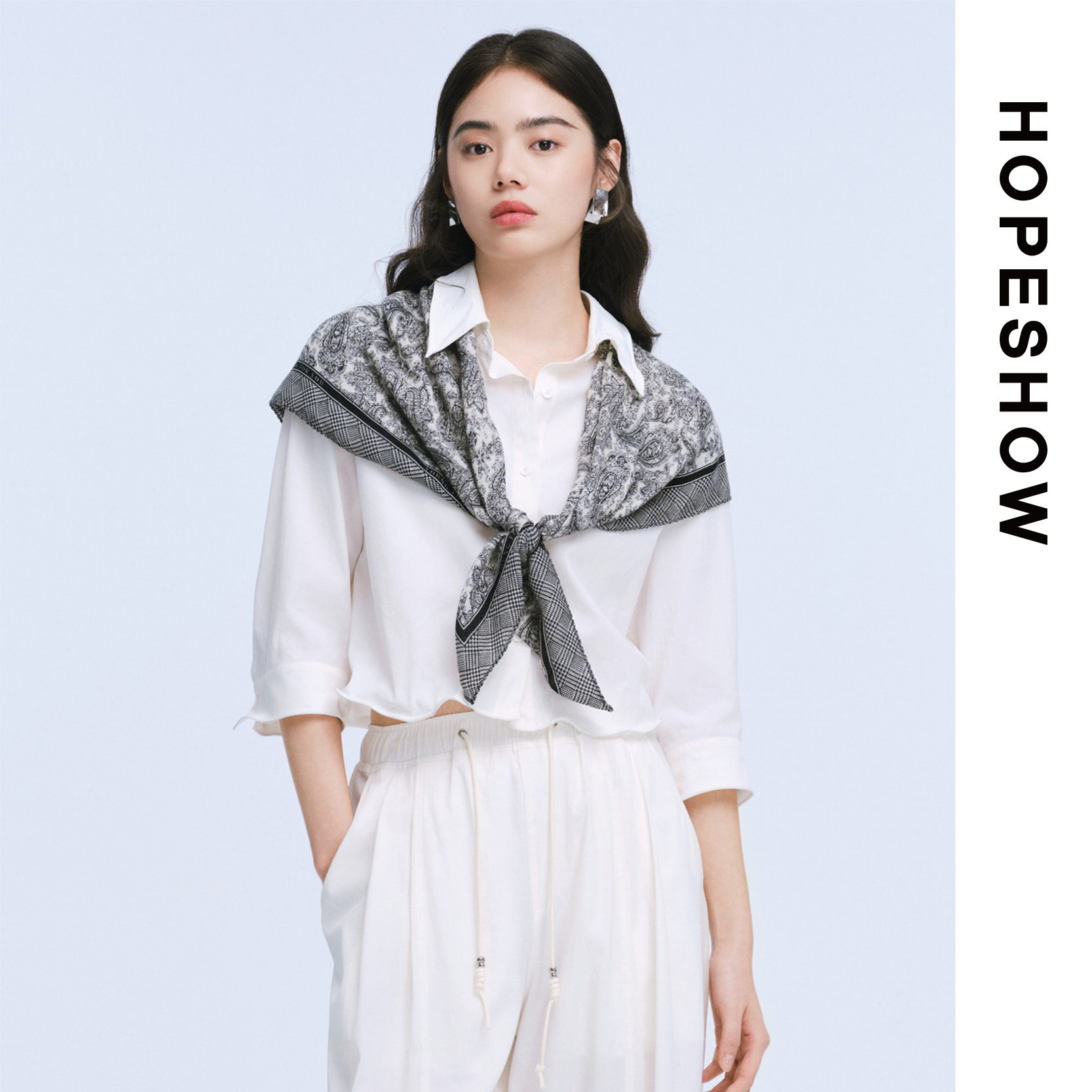 红袖商场同款HOPESHOW2025夏落肩短款翻领衬衫89125180308图片