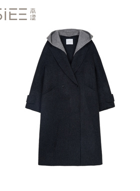 BSiEE本涩设计感撞色拼接帽子中长毛呢大衣
