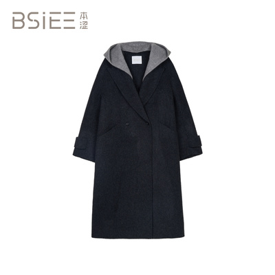 BSiEE本涩设计感撞色拼接帽子中长毛呢大衣