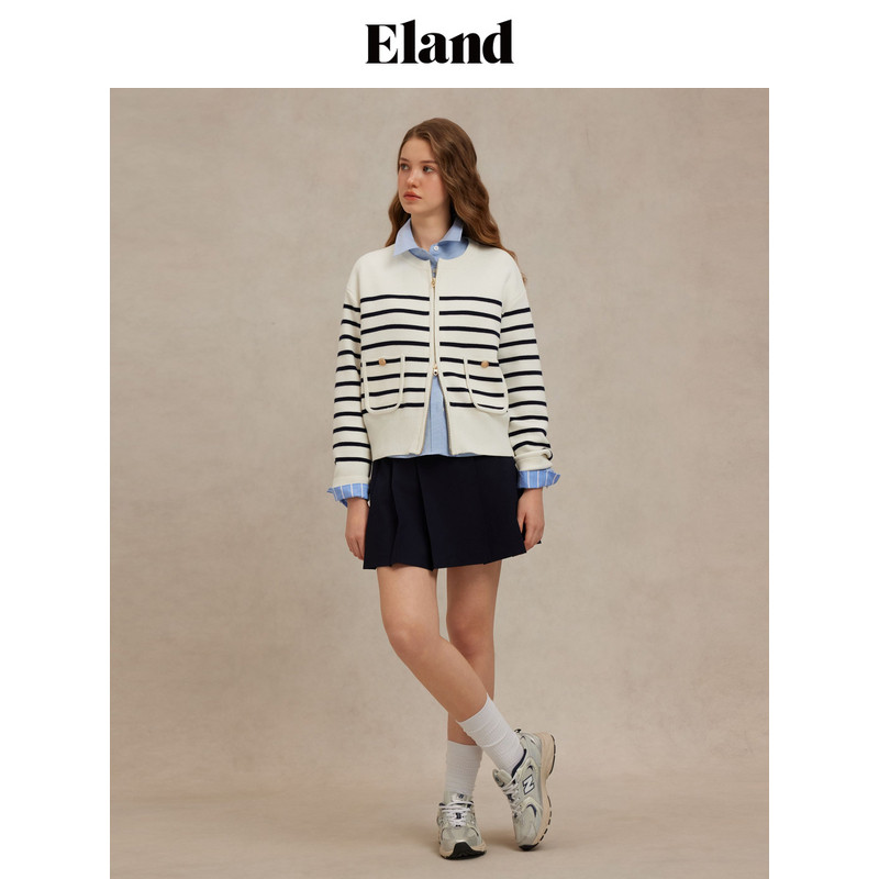 Eland毛针织衫 撞色箱型长袖上衣开衫2025春季EECKF12E02