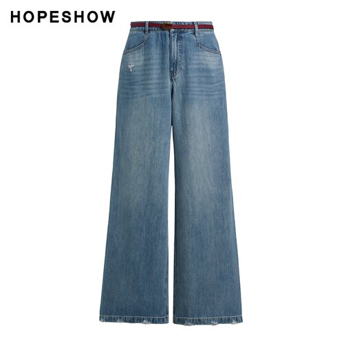 红袖商场同款HOPESHOW2025夏季新款女复古做旧磨毛阔腿牛仔长裤
