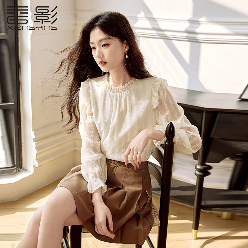 香影法式木耳边衬衫女2025春季新款钉珠上衣雪纺打底衫米白色衬衣