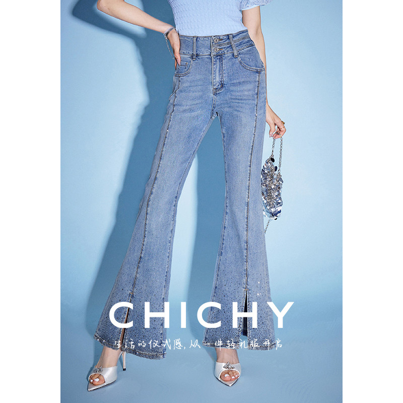 CHICHY法式名媛蓝色高腰烫钻修身显瘦开叉微喇叭牛仔裤CW6J002252