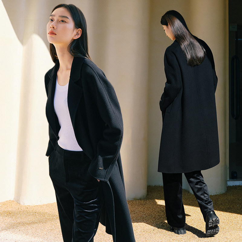伊芙丽装黑色百搭简约毛呢外套1DA170441