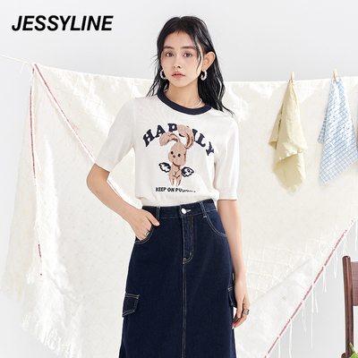 jessyline2024春季专柜杰茜莱卡通短袖薄款针织衫 413204225